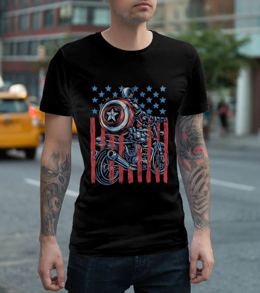 Captain America Motorcycle Ride With Shield And American Flag Stars And Stripes T-Shirt