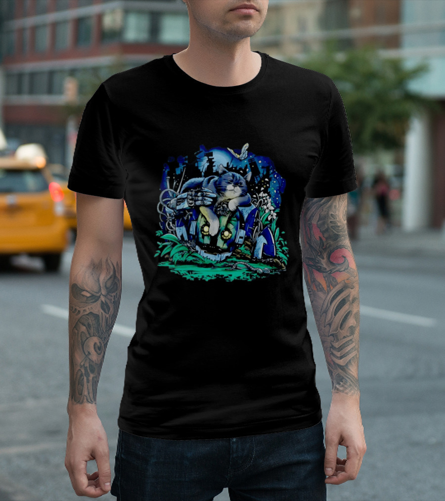 The Cat And The Robot Dystopian Cityscape With Flowers And Stars T-Shirt