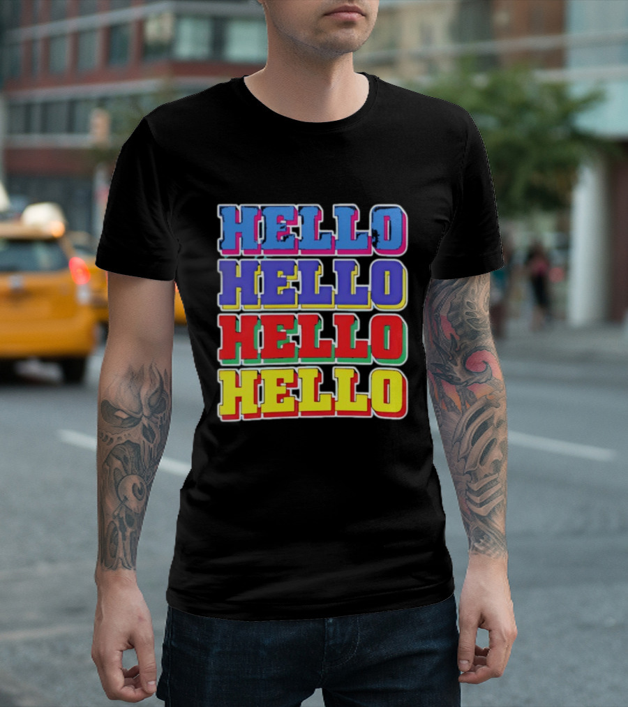 Hello Hello Hello Hello Blue Red Yellow Repeat Bold Pop T-Shirt