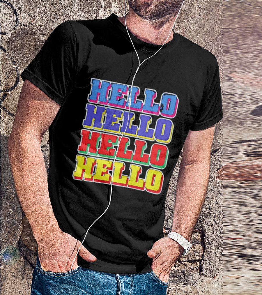 Hello Hello Hello Hello Blue Red Yellow Repeat Bold Pop T-Shirt