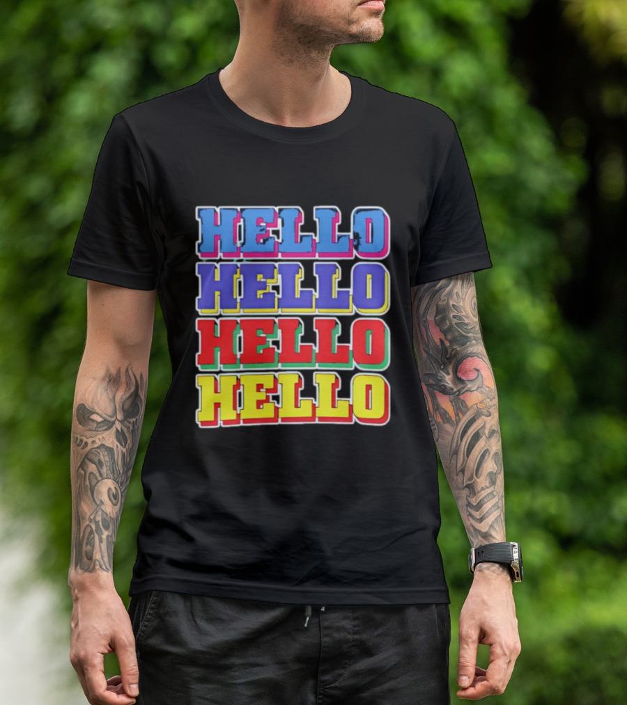 Hello Hello Hello Hello Blue Red Yellow Repeat Bold Pop T-Shirt