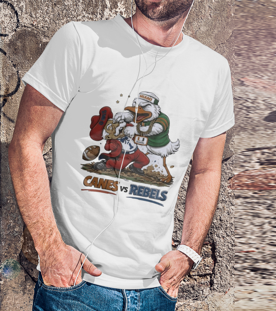 Miami Hurricanes Vs Ole Miss Rebels Mascot Showdown CFP Semifinal Vrbo Fiesta Bowl 2026 T-Shirt