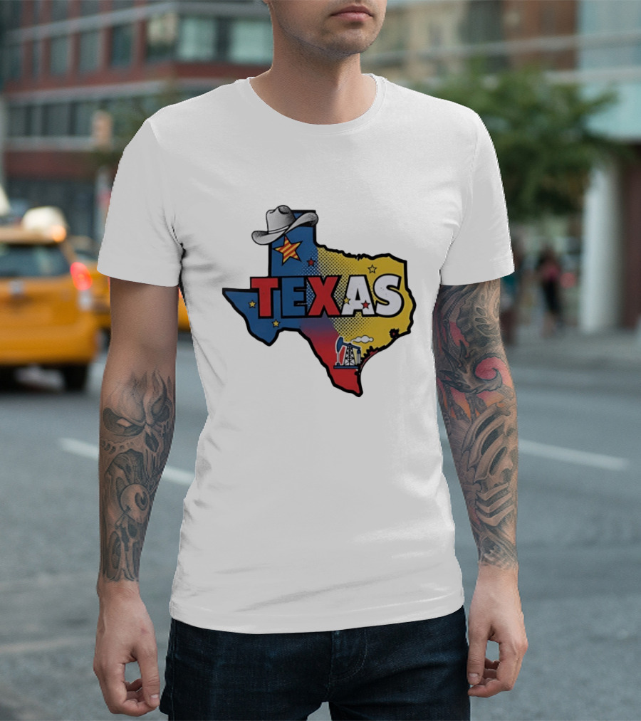 Texas Map Cowboy Hat Star Oil Rig T-Shirt