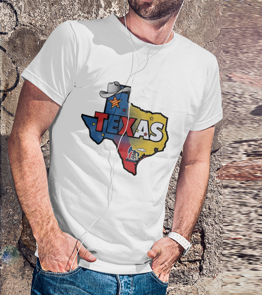 Texas Map Cowboy Hat Star Oil Rig T-Shirt