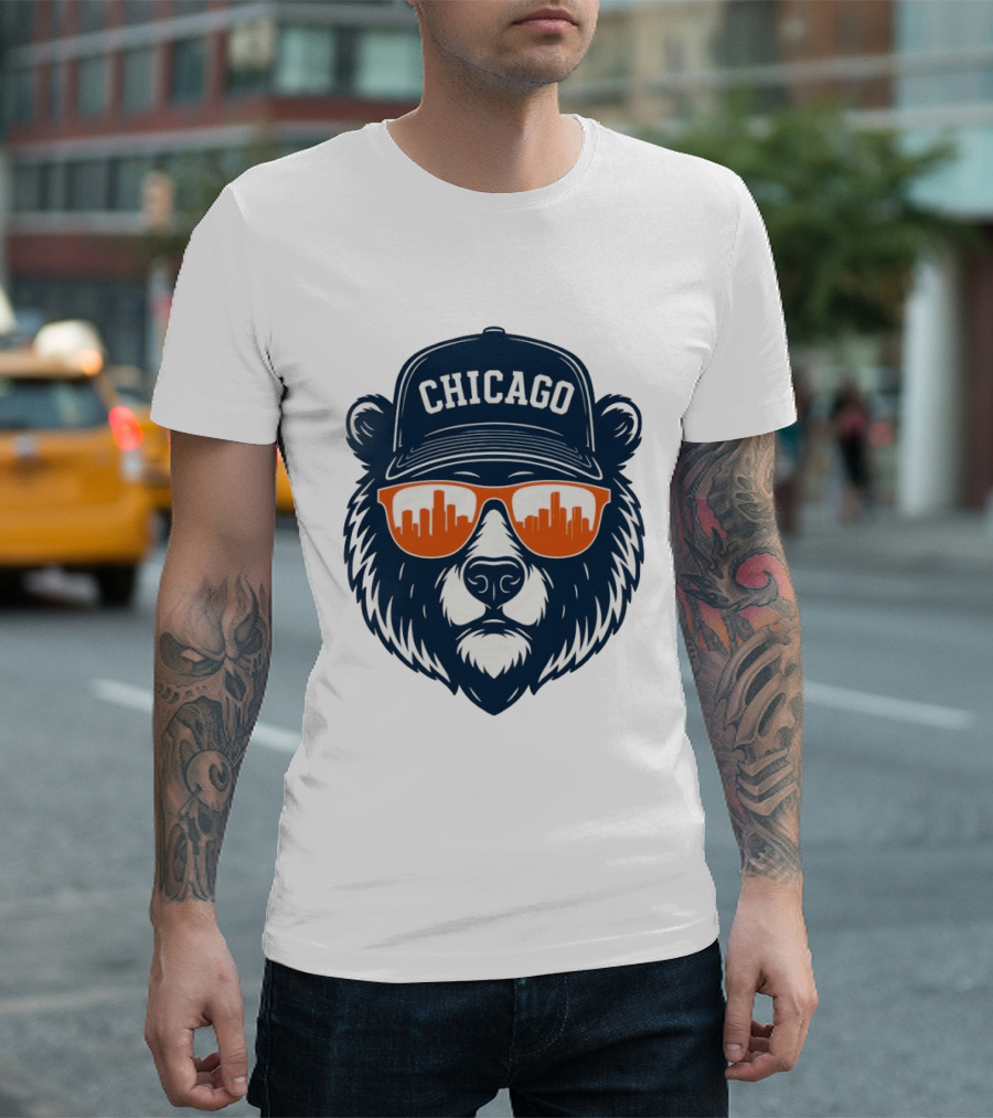 Chicago Bears Skyline 2026 Football City Bear With Hat And Sunglasses T-Shirt