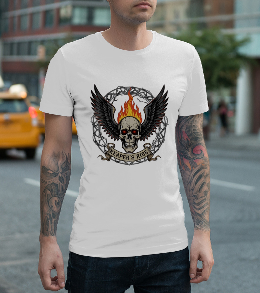 Flaming Skull With Wings Reaper's Ride T-Shirt