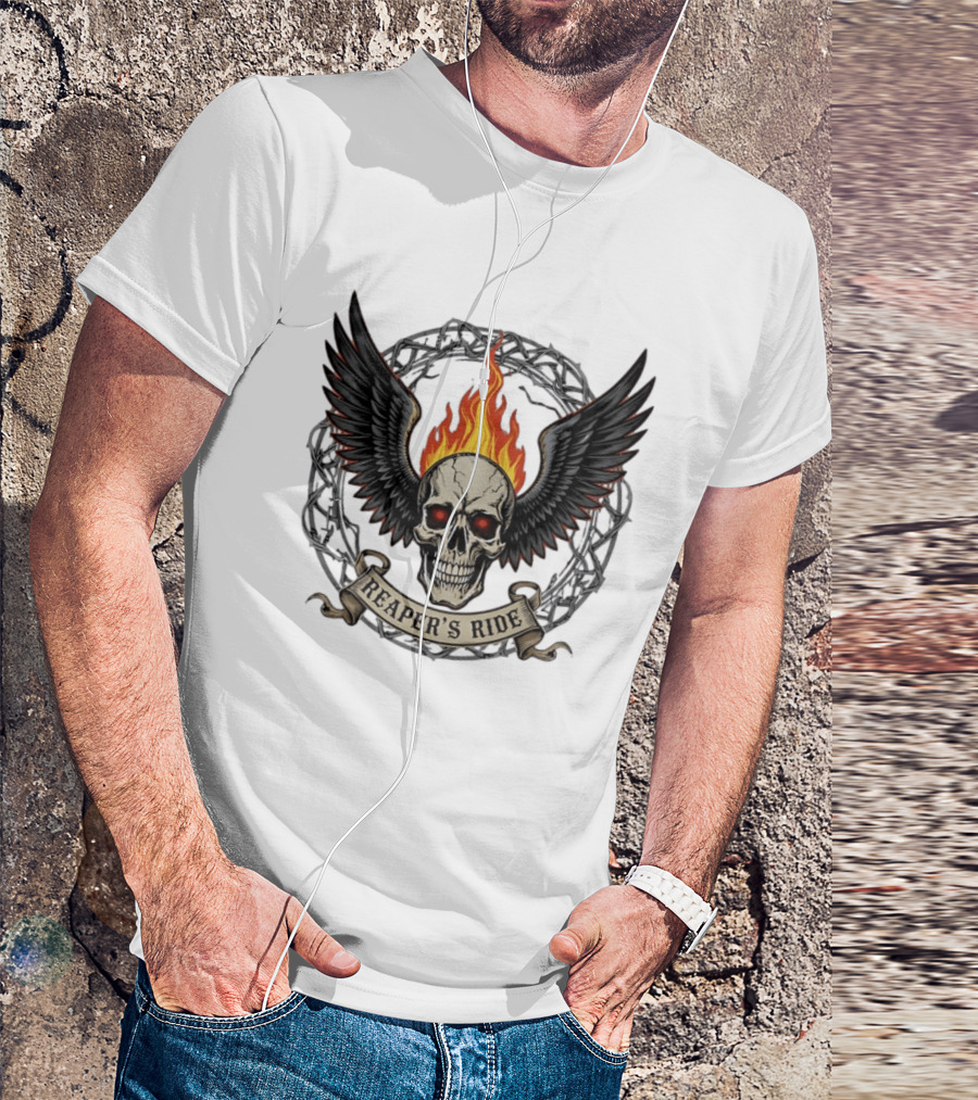 Flaming Skull With Wings Reaper's Ride T-Shirt