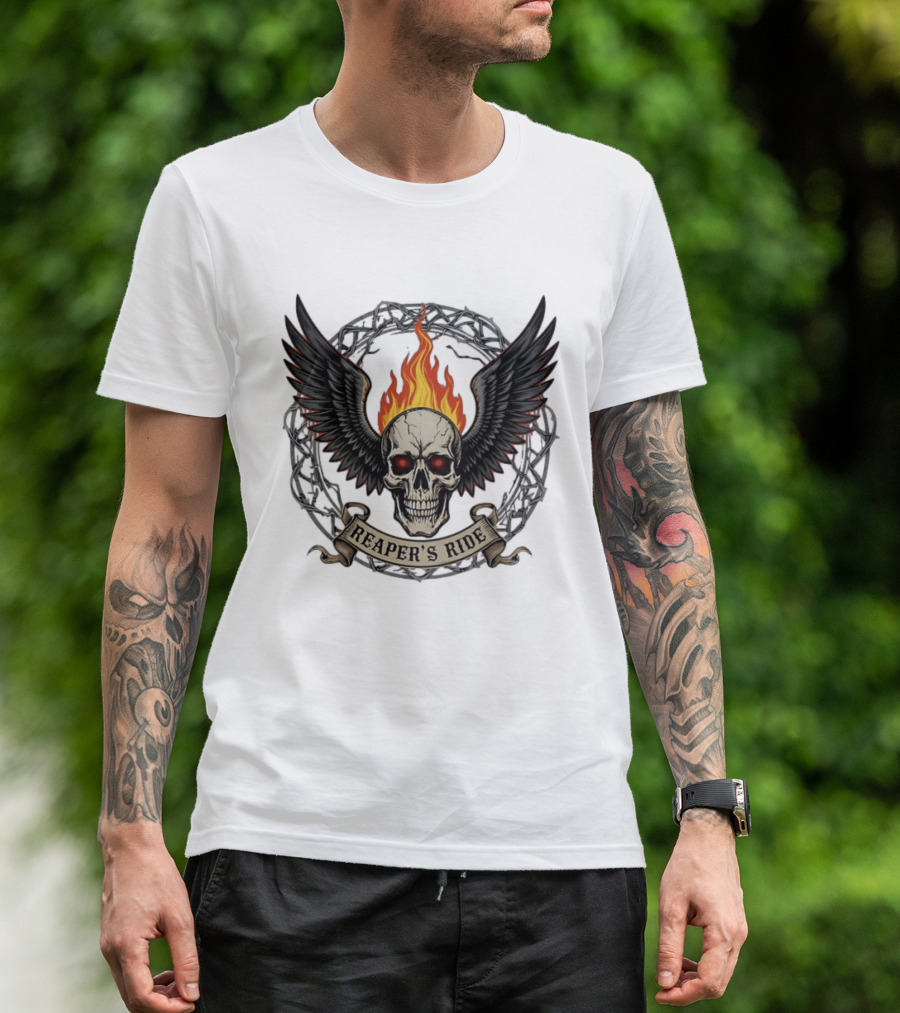 Flaming Skull With Wings Reaper's Ride T-Shirt