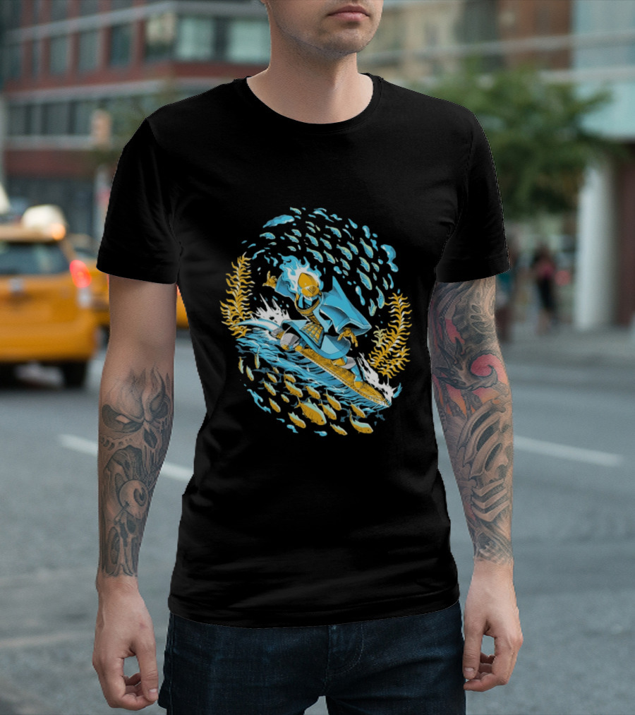 Sword Of The Sea Life Beneath The Waves Golden Samurai Surfer Wave Motion T-Shirt