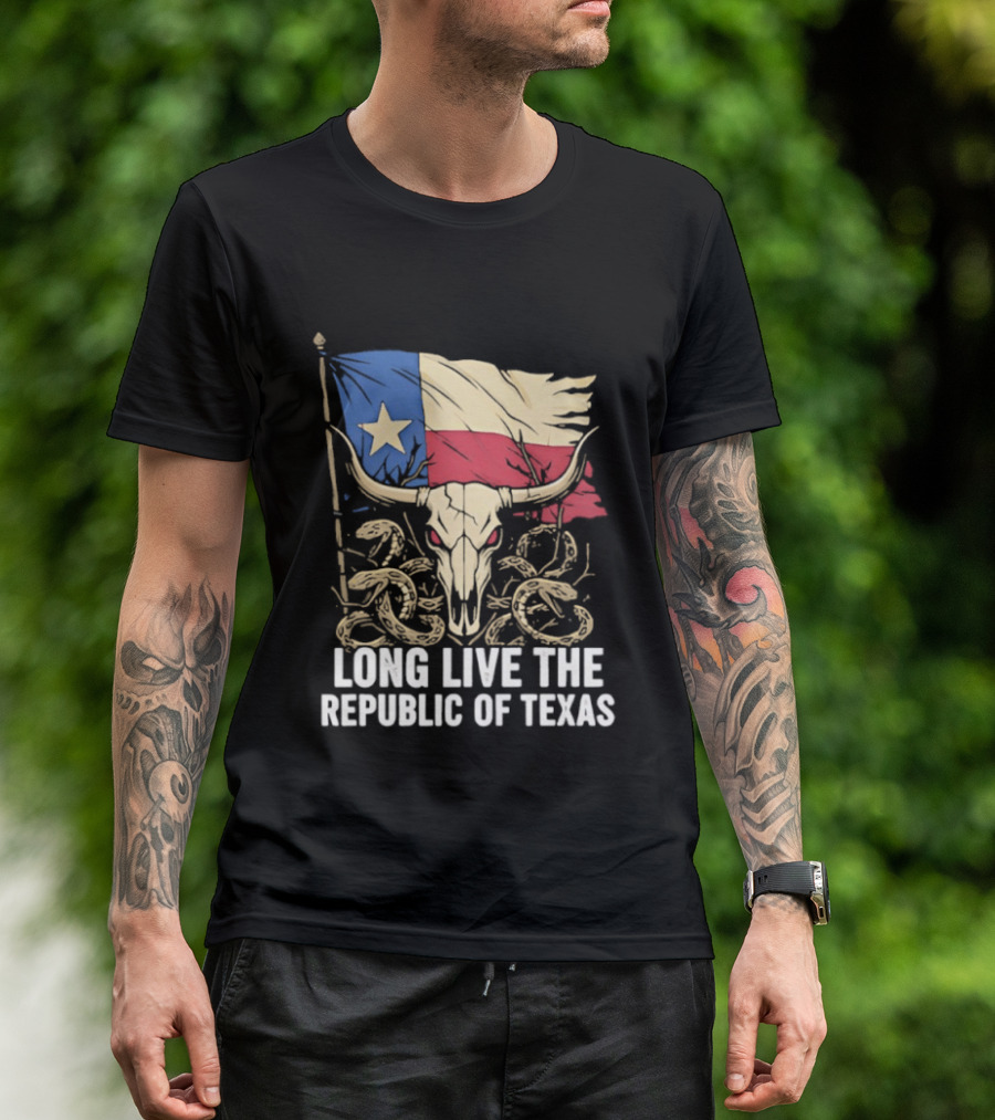 Texas Flag Skull With Snake Long Live The Republic Of Texas T-Shirt