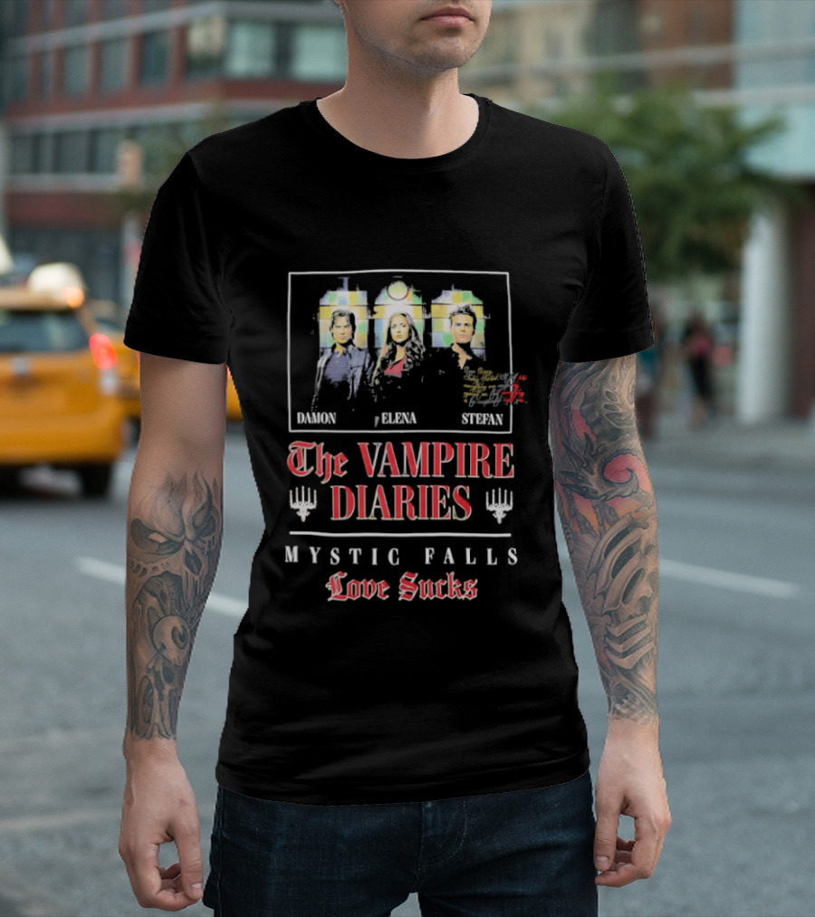 Damon Elena Stefan The Vampire Diaries Mystic Falls Love Sucks T-Shirt