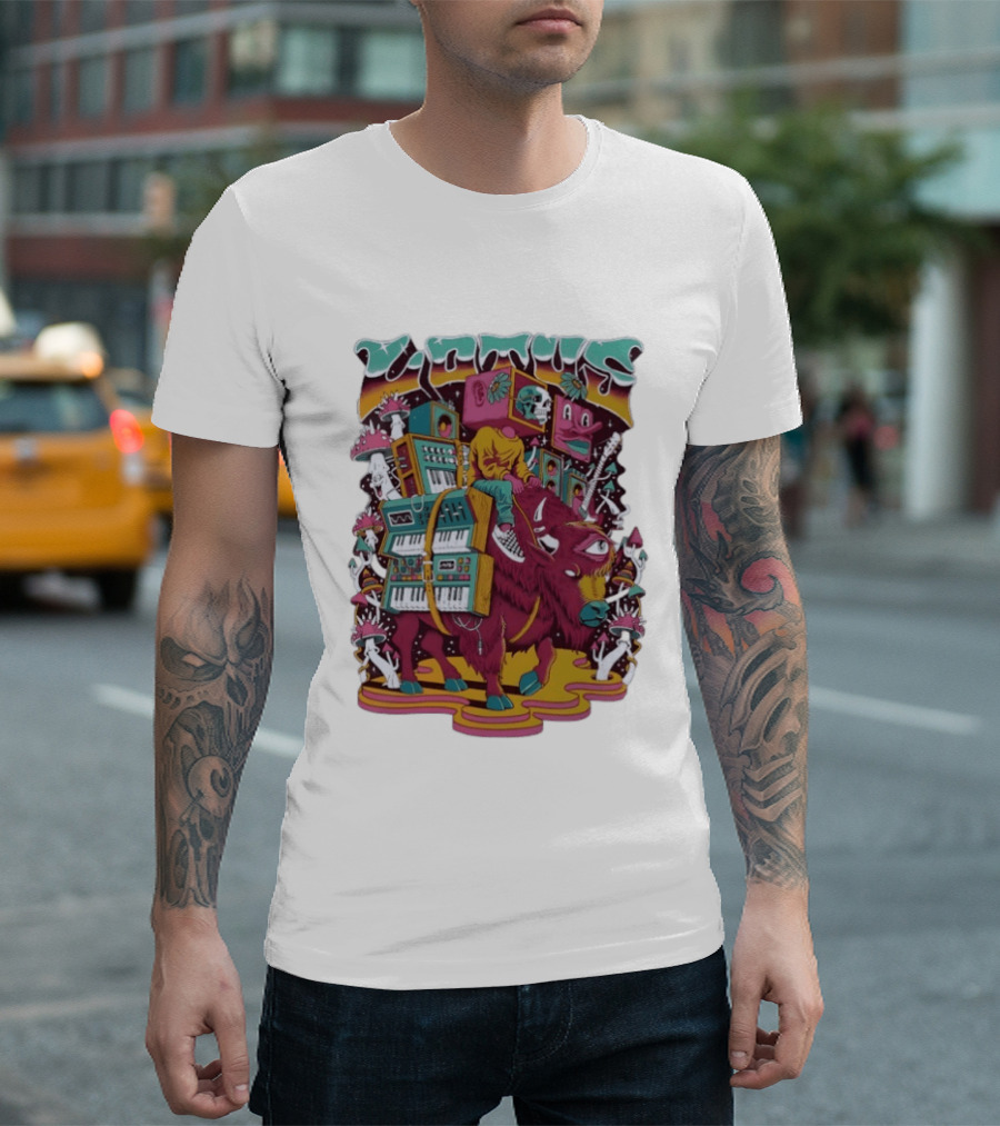 Skeleton Riding Bison Lotus Band Colorado Tour 2026 Psychedelic Instrument Adventure T-Shirt