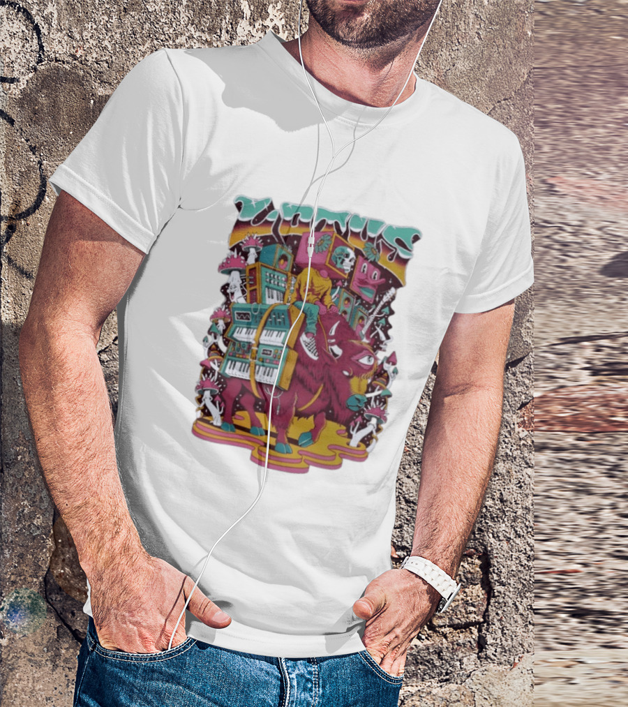 Skeleton Riding Bison Lotus Band Colorado Tour 2026 Psychedelic Instrument Adventure T-Shirt