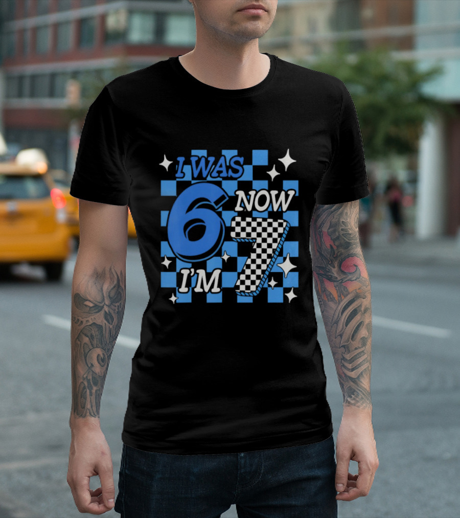 Blue Checkered I Was 6 Now I'm 7 Birthday Boy T-Shirt
