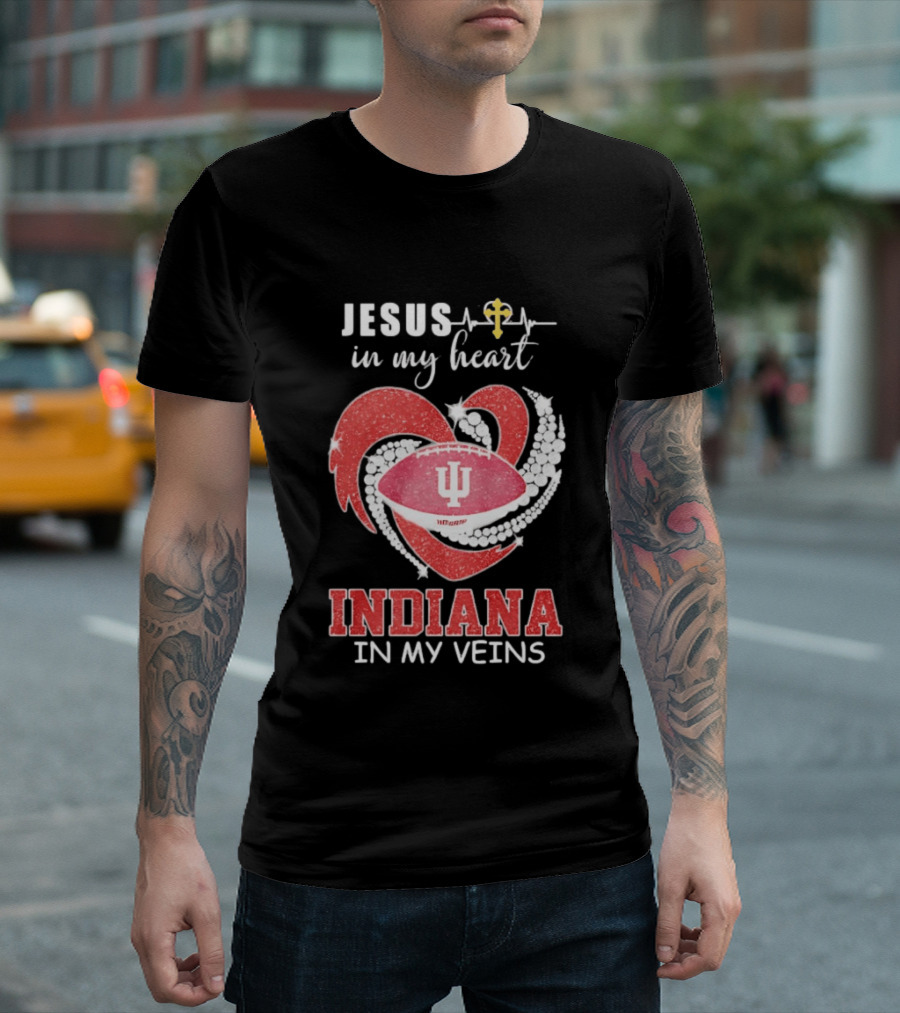 Jesus In My Heart Indiana In My Veins IU Football Heartbeat Cross T-Shirt