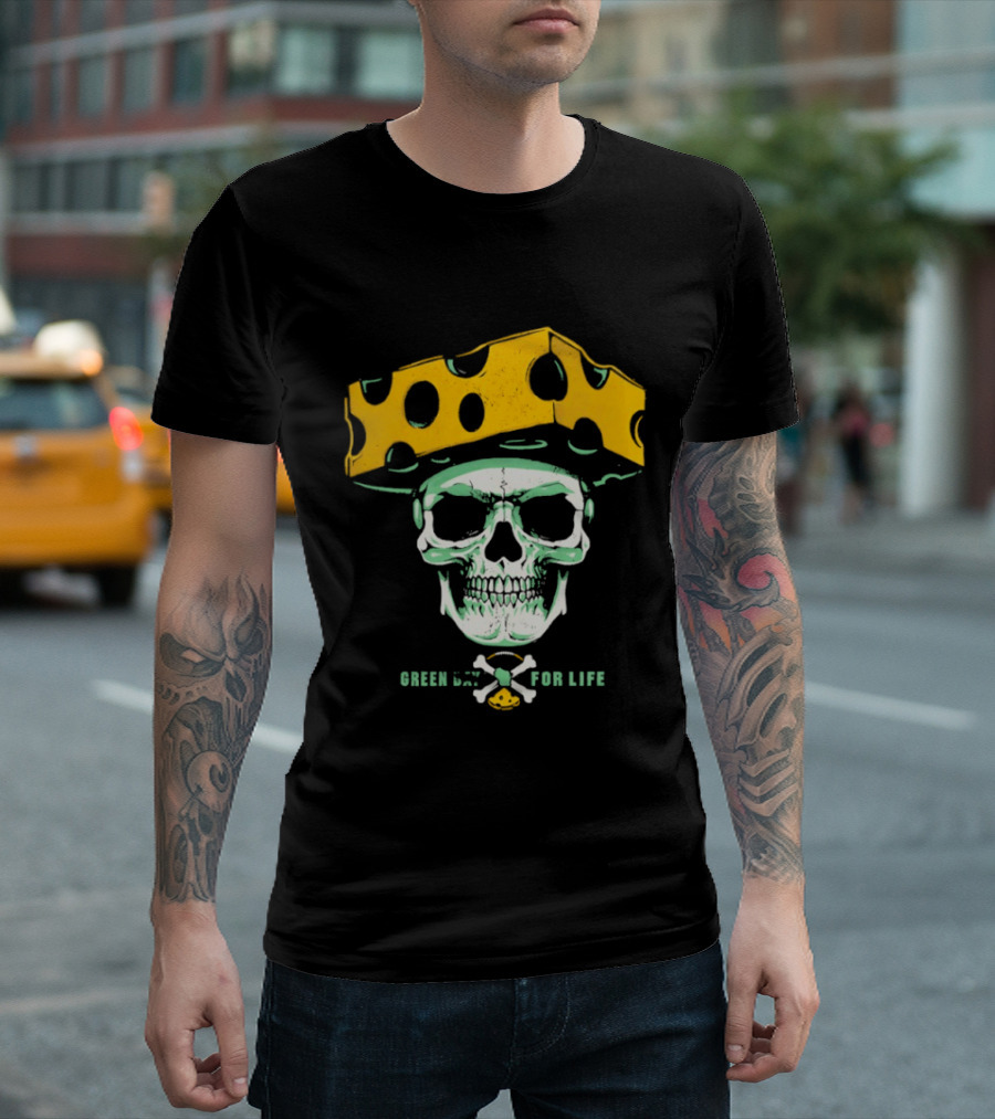 Green Bay Packers For Life Skull Cheesehead T-Shirt