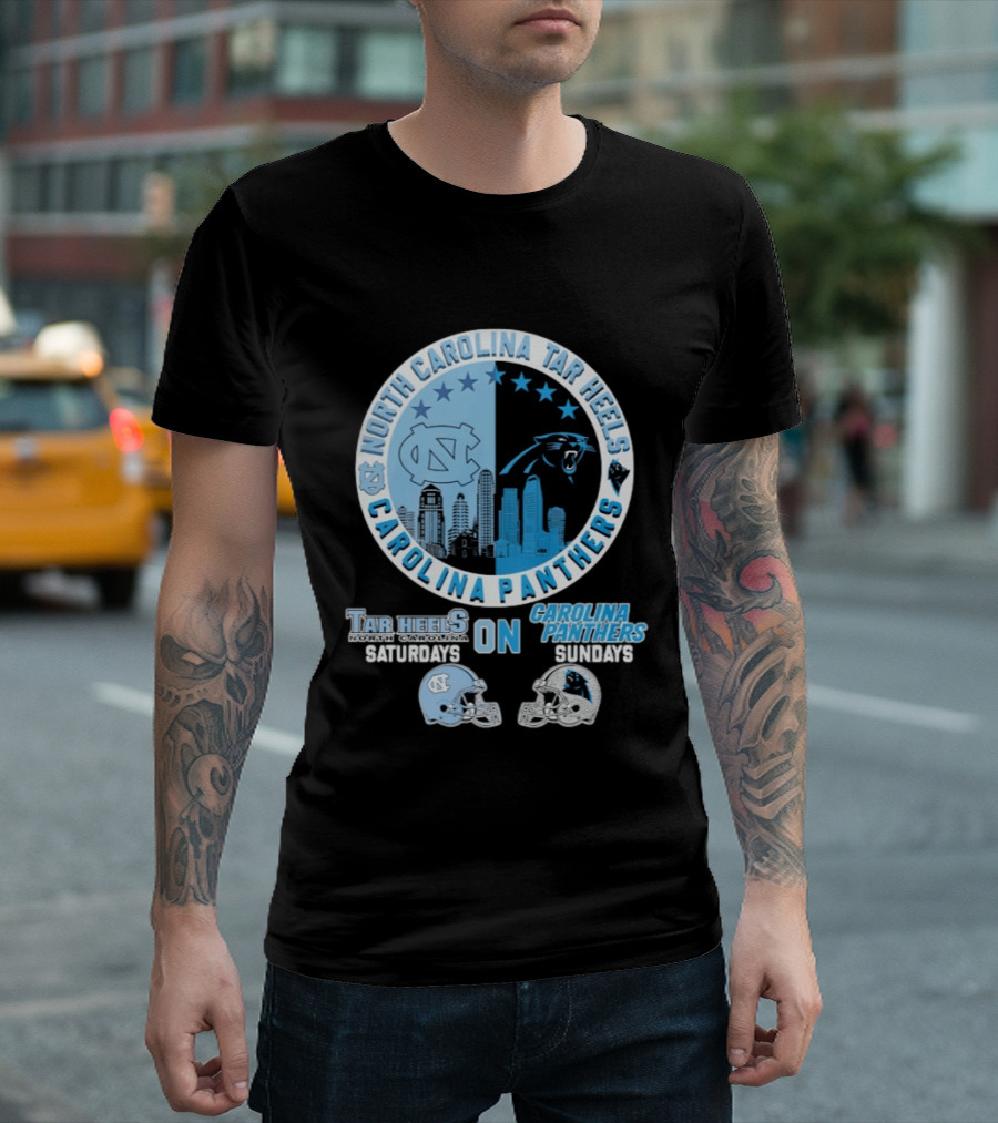 North Carolina Tar Heels Saturdays Carolina Panthers Sundays Helmet Mashup T-Shirt