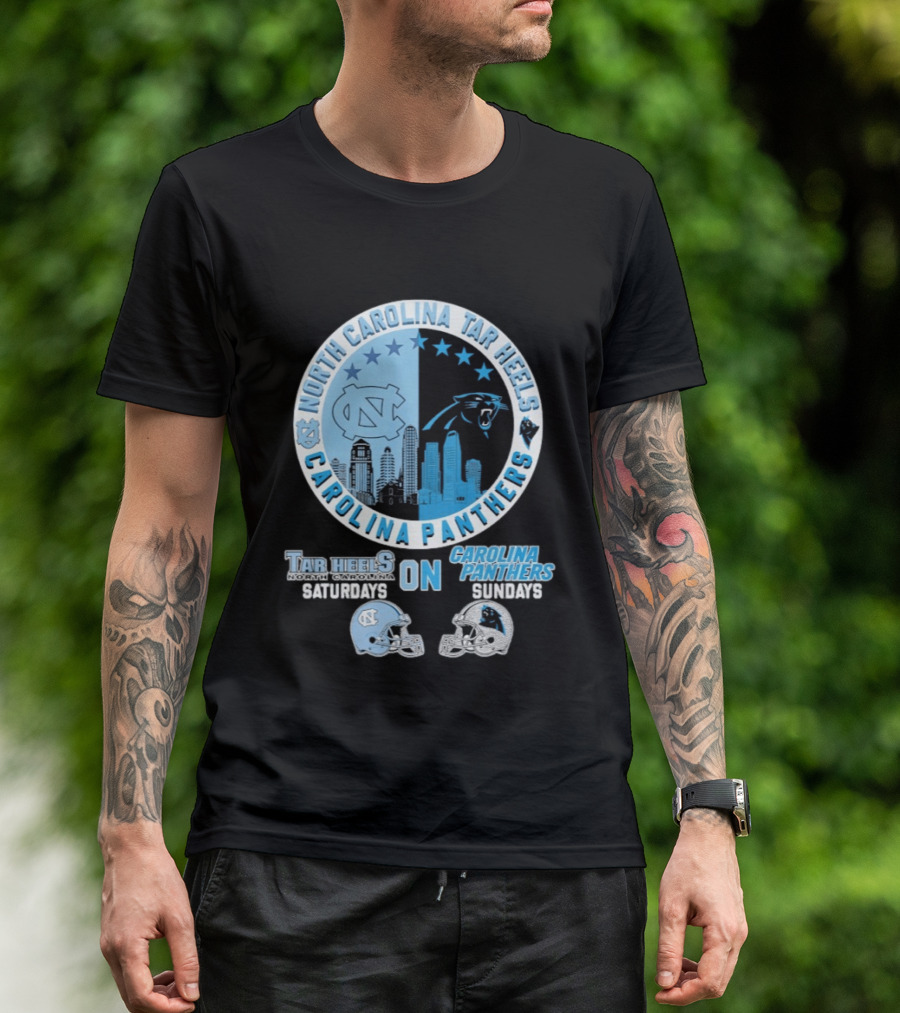 North Carolina Tar Heels Saturdays Carolina Panthers Sundays Helmet Mashup T-Shirt