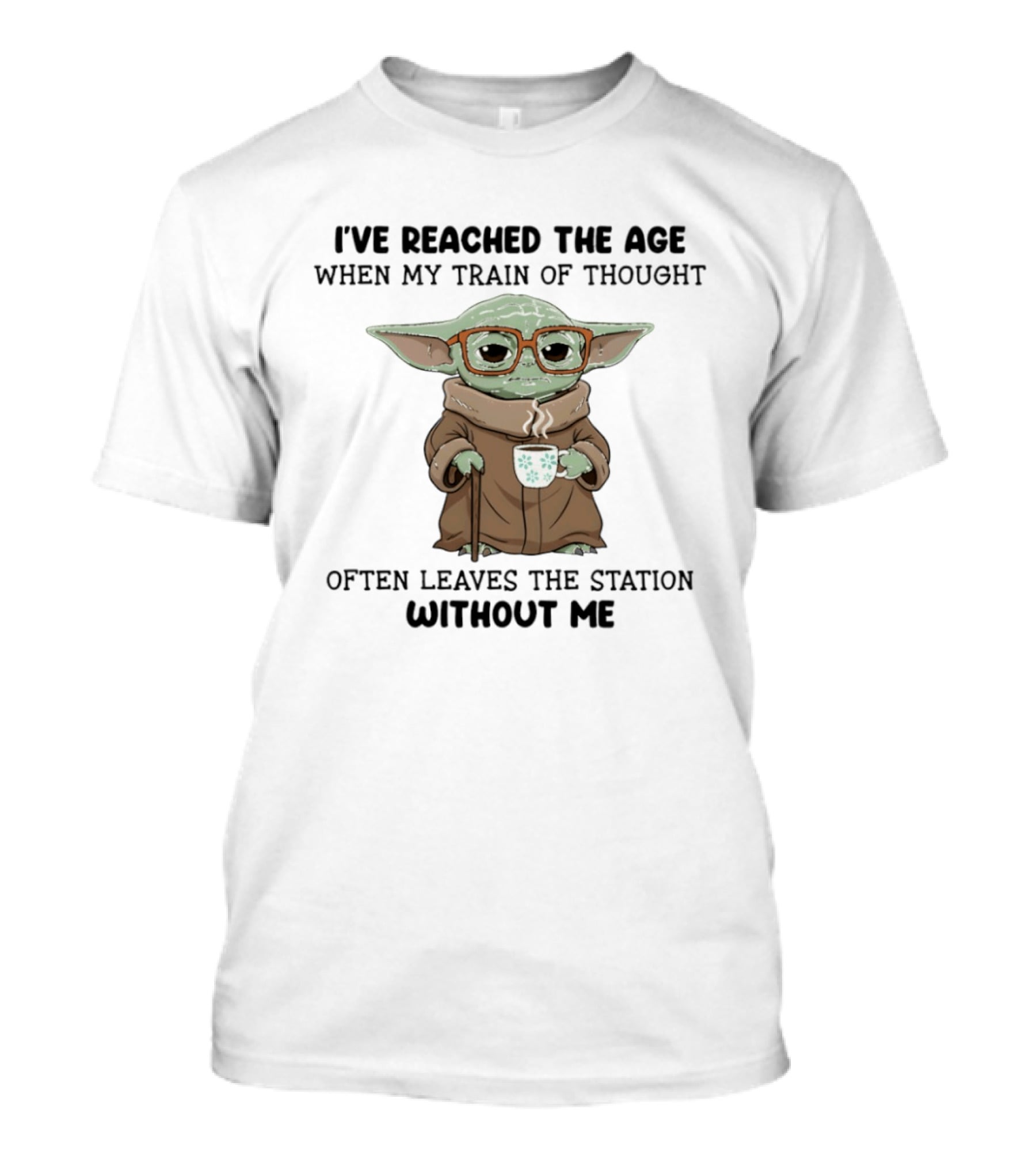 Baby Yoda Train Of Thought Humor With Coffee And Glasses T-Shirt