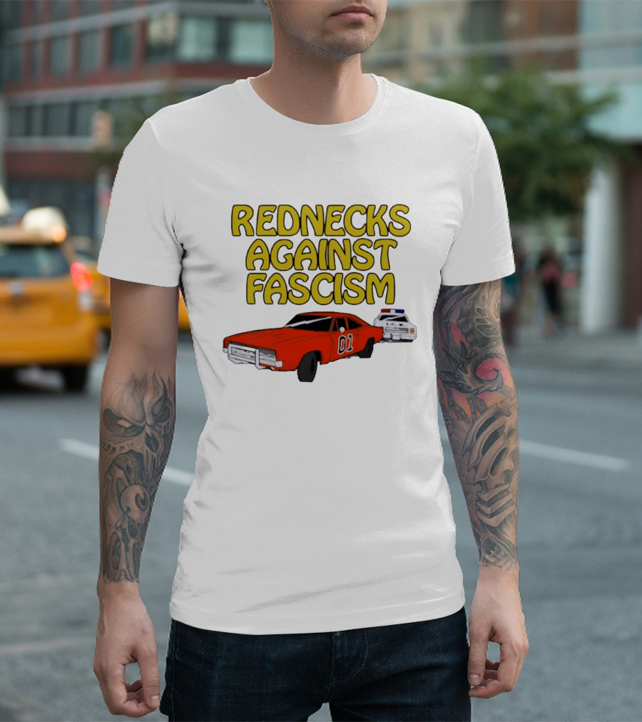 Rednecks Against Fascism Car Cartoon With 01 And Police Chase Scene T-Shirt