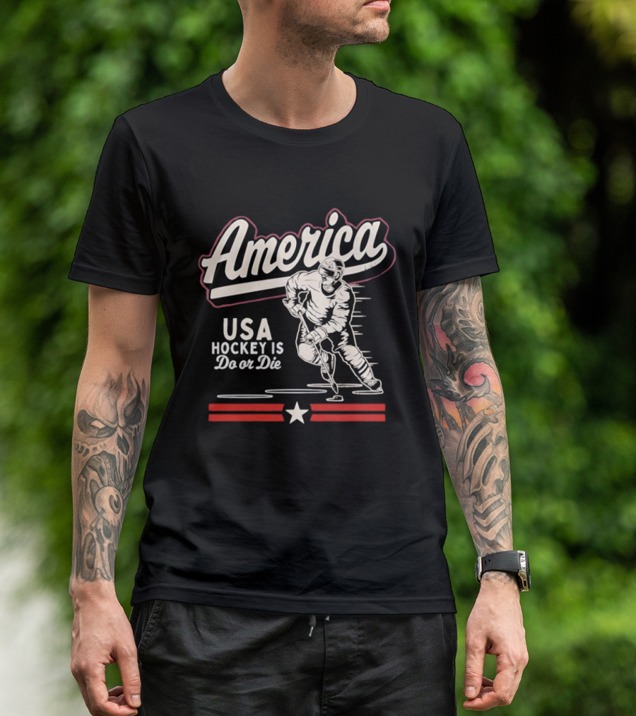 America USA Hockey Is Do Or Die Hockey Player Red White Star Stripes T-Shirt