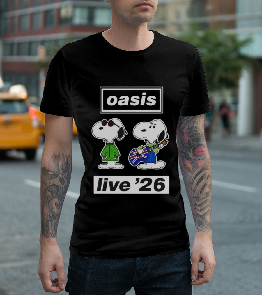 Oasis Snoopy Live '26 Union Jack Guitar T-Shirt