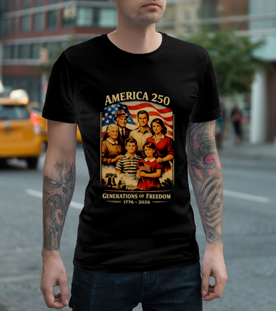 America 250 Generations Of Freedom 1776 2026 Vintage Family With Flag T-Shirt