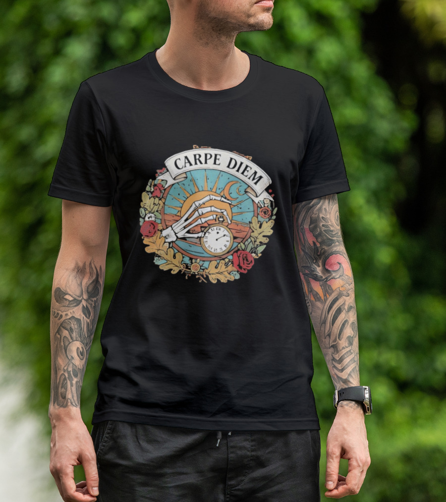 Carpe Diem Memento Mori Skeleton Art Roses Sun Moon T-Shirt