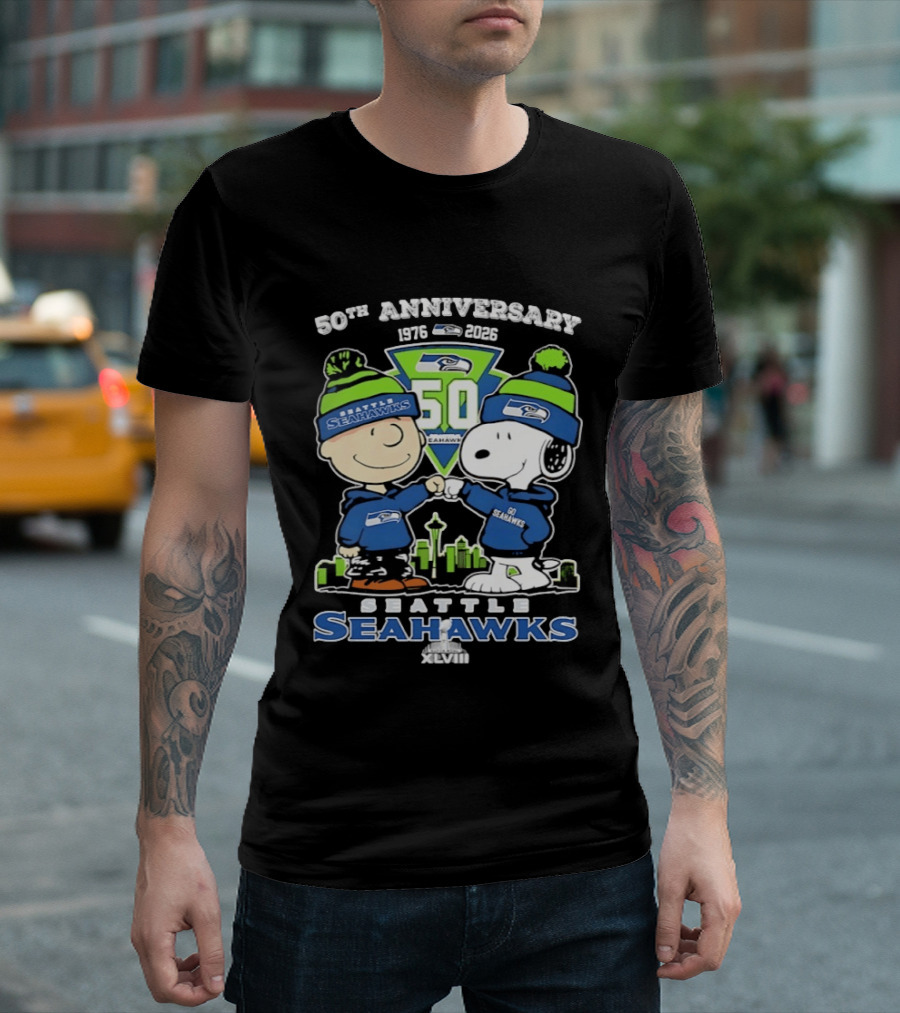 Charlie Brown Snoopy Fist Bump Seattle Seahawks 50th Anniversary Skyline 1976 2026 T-Shirt