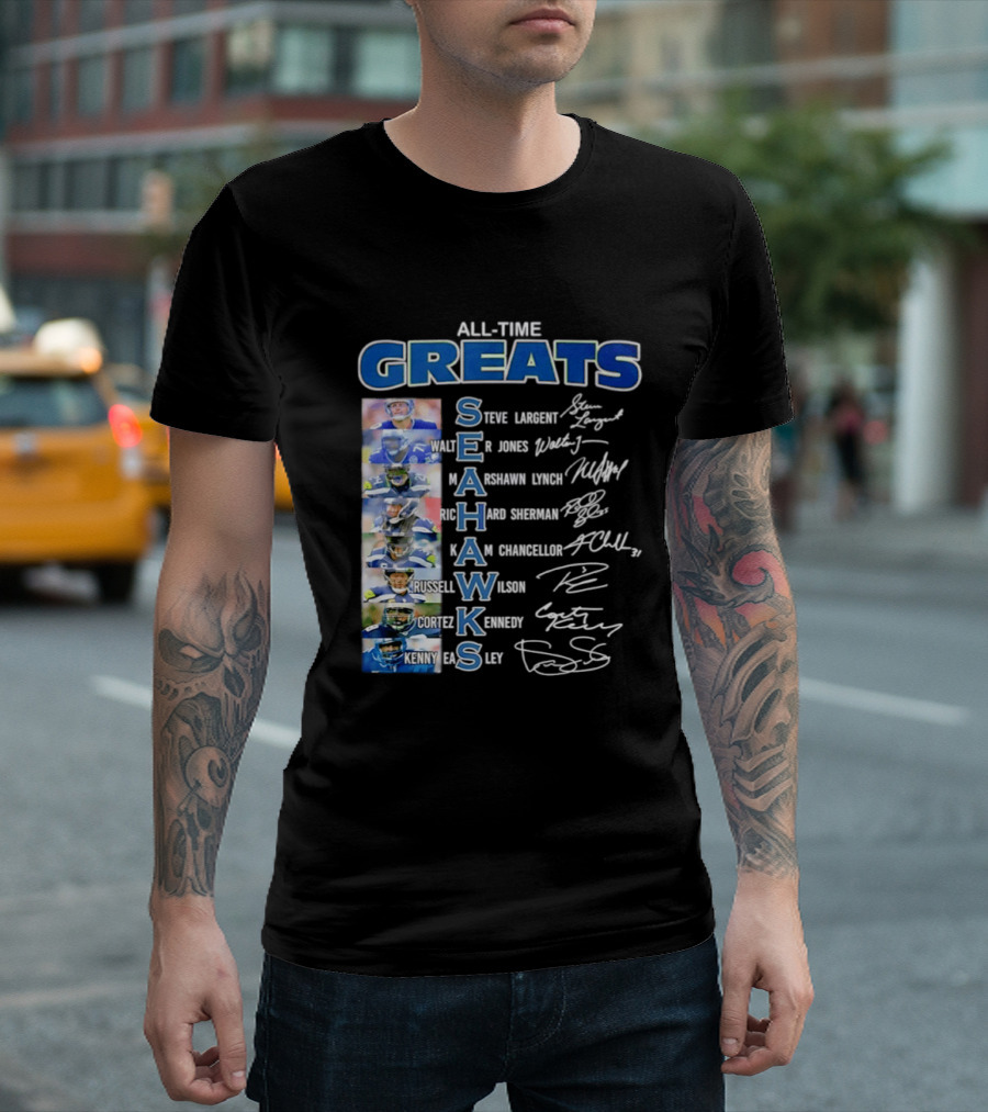 All Time Greats Seattle Seahawks Steve Largent Walter Jones Russell Wilson Legion Of Boom T-Shirt