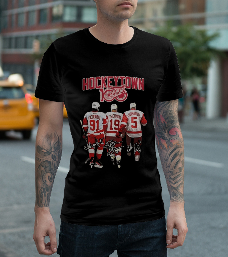 Hockeytown 100 Detroit Red Wings Fedorov Yzerman Lidstrom Signatures 91 19 5 T-Shirt