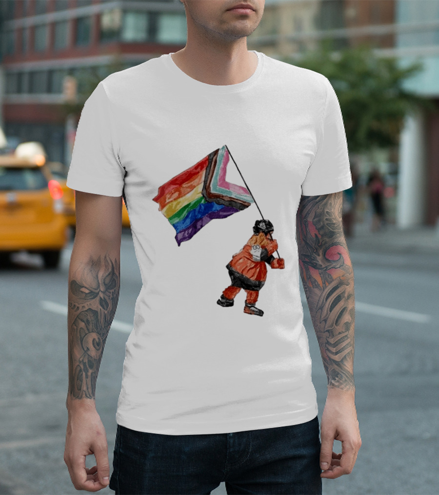 Philadelphia Hockey Mascot Holding Progress Pride Flag T-Shirt