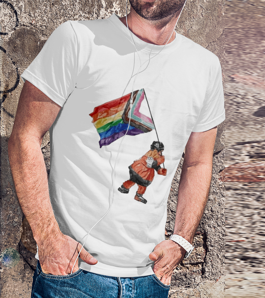 Philadelphia Hockey Mascot Holding Progress Pride Flag T-Shirt