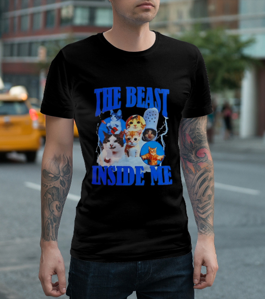 The Beast Inside Me Cat Collage With Blue Electric Accents T-Shirt
