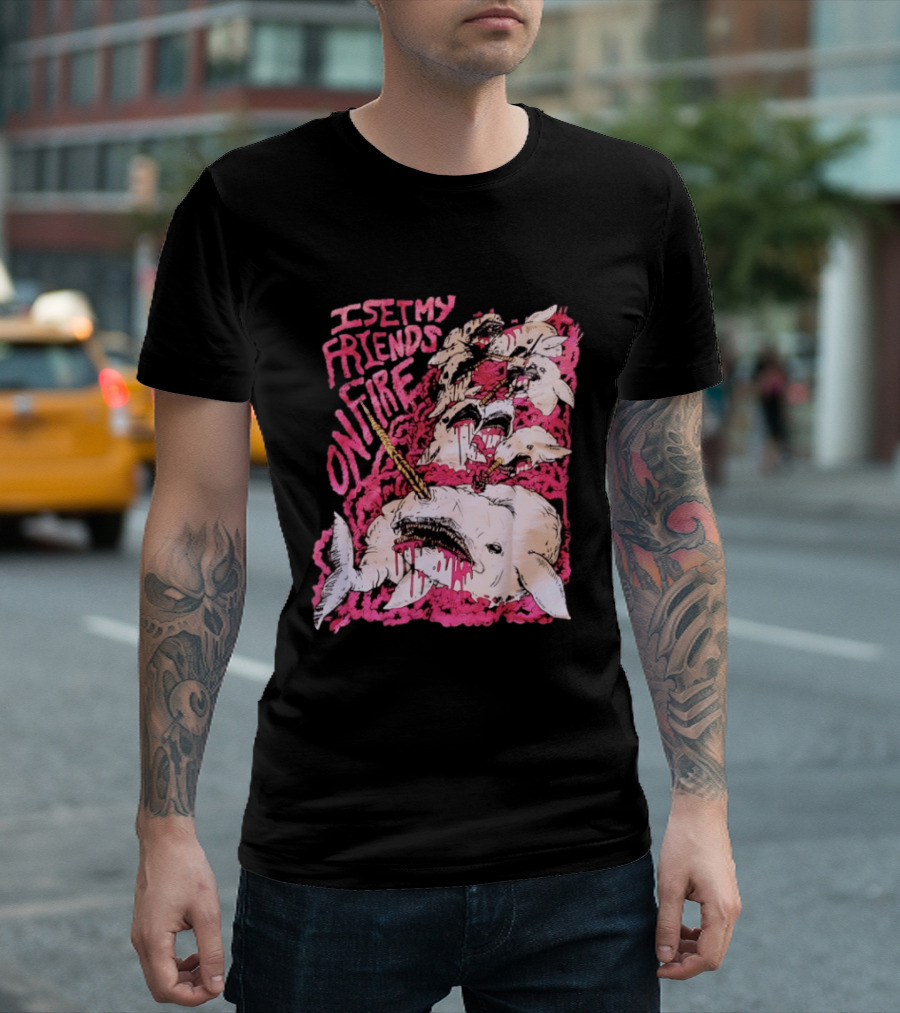I Set My Friends On Fire Narwhal Pink And White T-Shirt