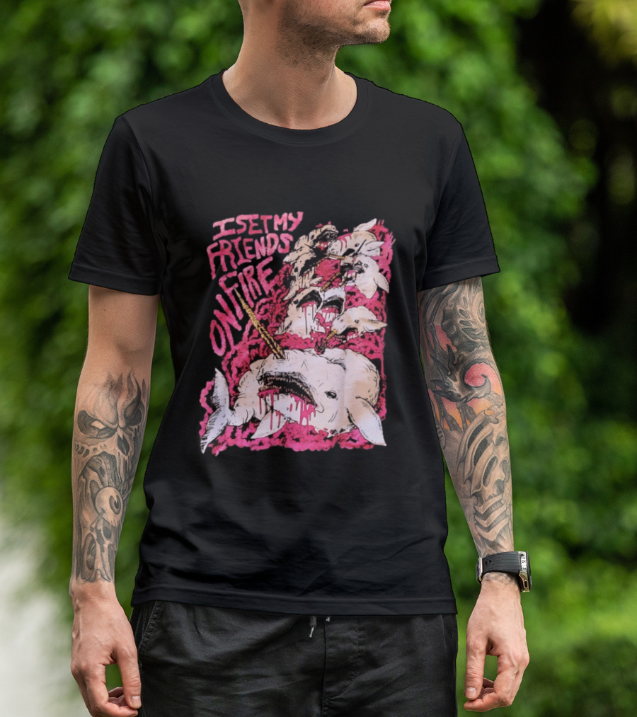 I Set My Friends On Fire Narwhal Pink And White T-Shirt