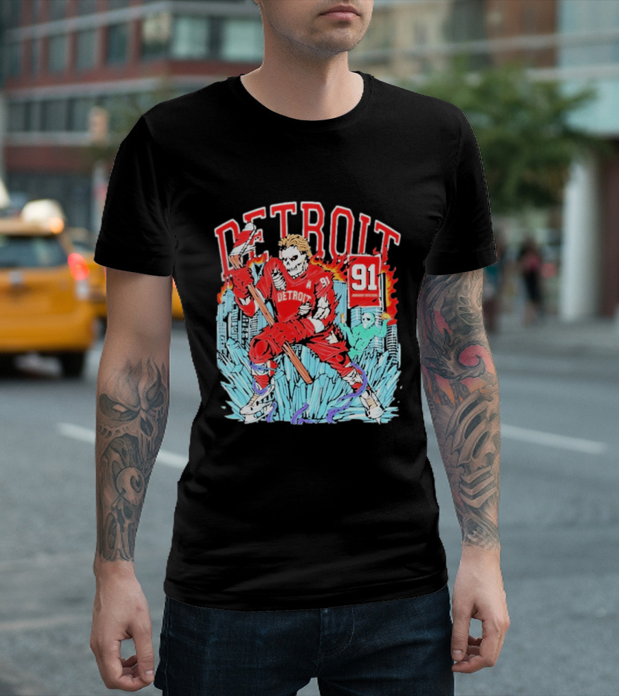 Detroit Hockey 91 Skeleton Player Red Jersey Cityscape Flame T-Shirt