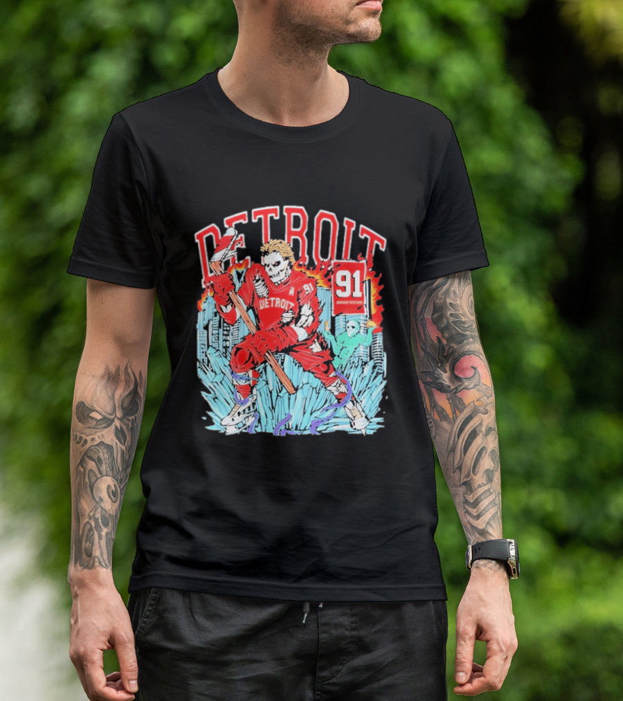 Detroit Hockey 91 Skeleton Player Red Jersey Cityscape Flame T-Shirt