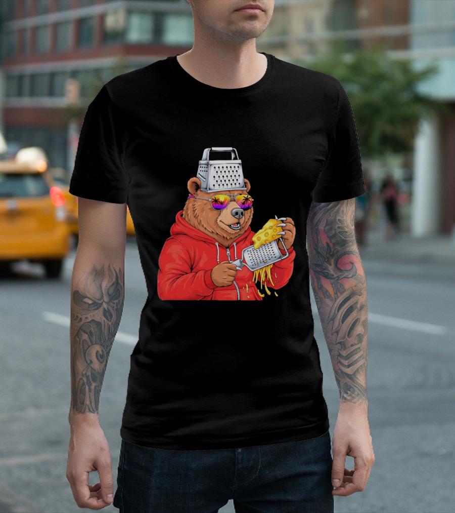 Bear With Cheese Grater Hat And Sunglasses With Bright Palm Tree Reflection T-Shirt
