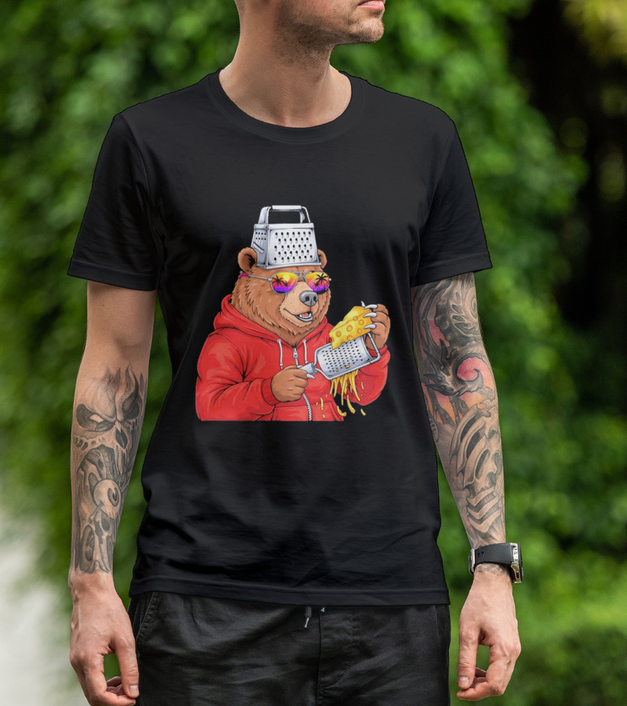 Bear With Cheese Grater Hat And Sunglasses With Bright Palm Tree Reflection T-Shirt