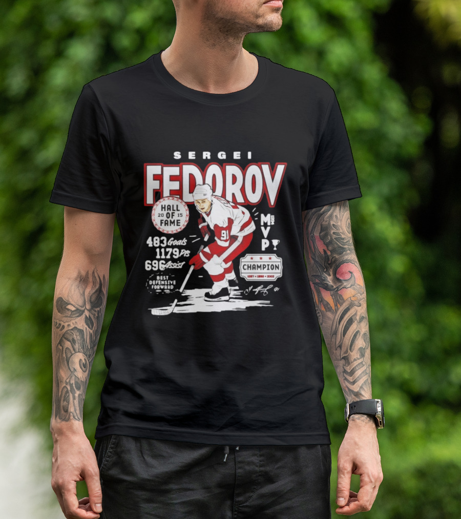 Sergei Fedorov Hall Of Fame MVP Champion Detroit Stats 483 Goals 1179 Points 696 Assists T-Shirt