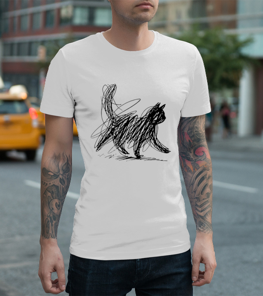 Minimalist Cat Scribble Sketch T-Shirt