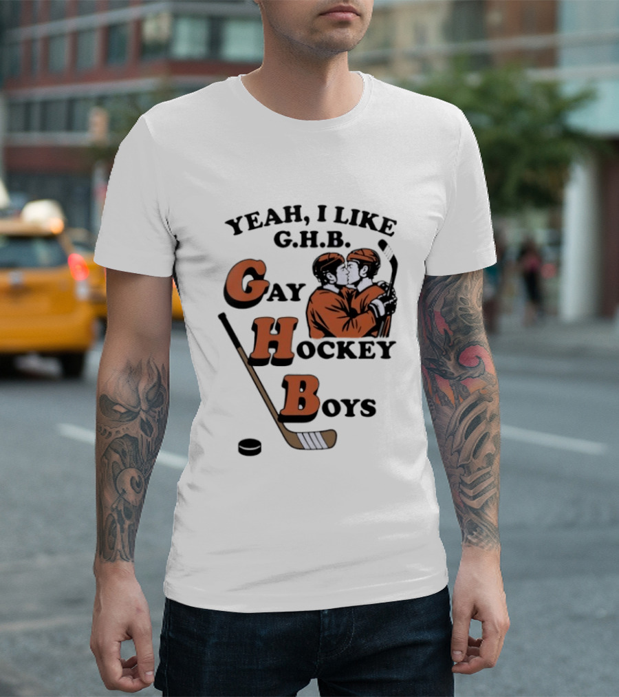 Yeah I Like GHB Gay Hockey Boys Kissing Icon With Stick And Puck T-Shirt