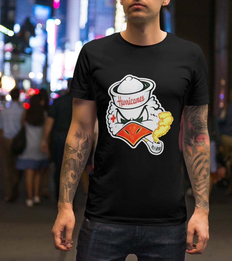Miami Hurricanes Sebastian Mascot 2026 Pipe Gold Smoke T-Shirt