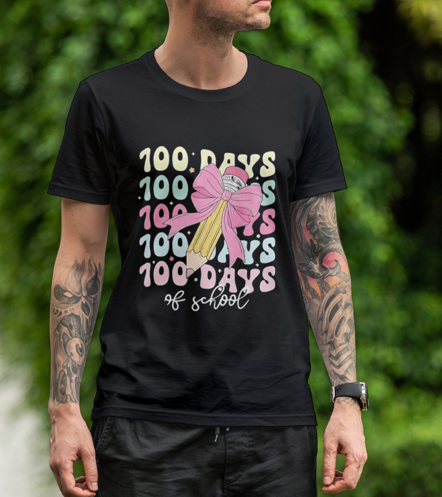 100 Days Of School Pink Bow Pencil Celebration T-Shirt