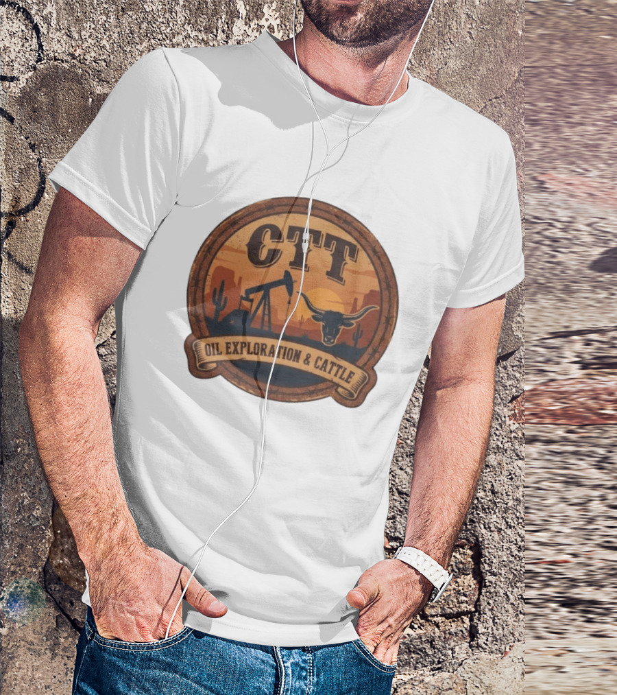 CTT Oil Exploration & Cattle West Texas Sunset Pumpjack And Longhorn Desert Scene T-Shirt