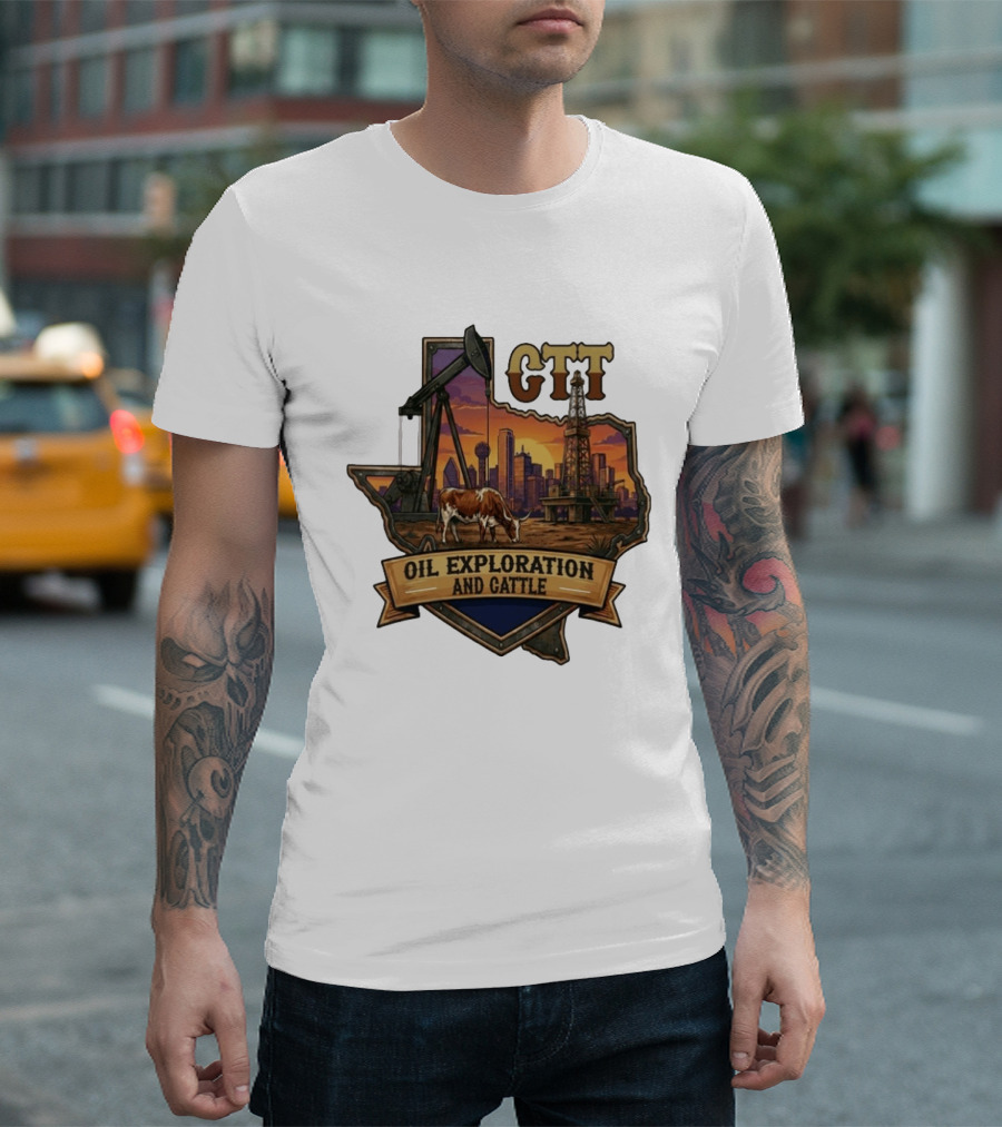 Texas CTT Oil Exploration Cattle Sunset Skyline T-Shirt