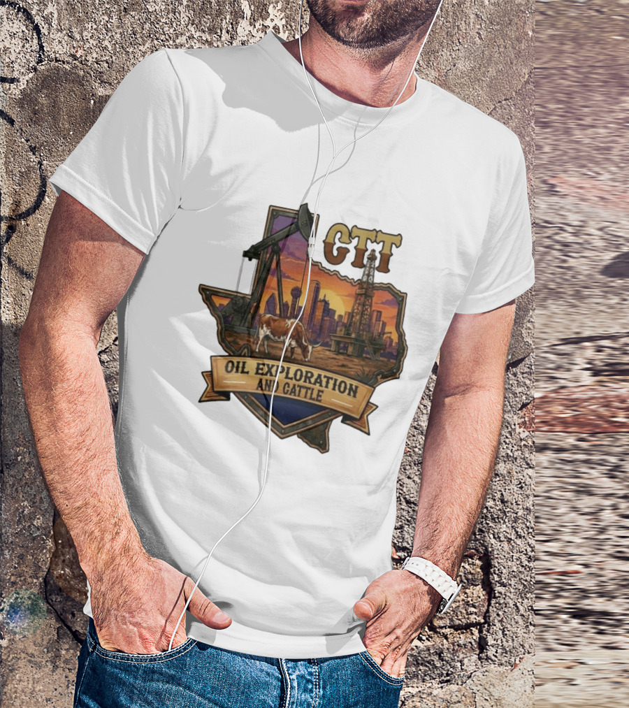 Texas CTT Oil Exploration Cattle Sunset Skyline T-Shirt