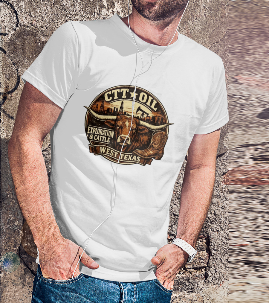 CTT Oil Exploration And Cattle West Texas Longhorn Boot Iconography T-Shirt