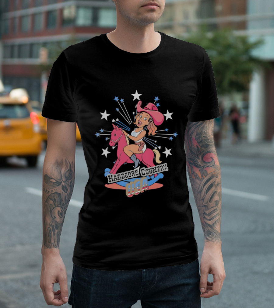 Hardcore Country USA Cowgirl Riding Pink Horse With Stars T-Shirt